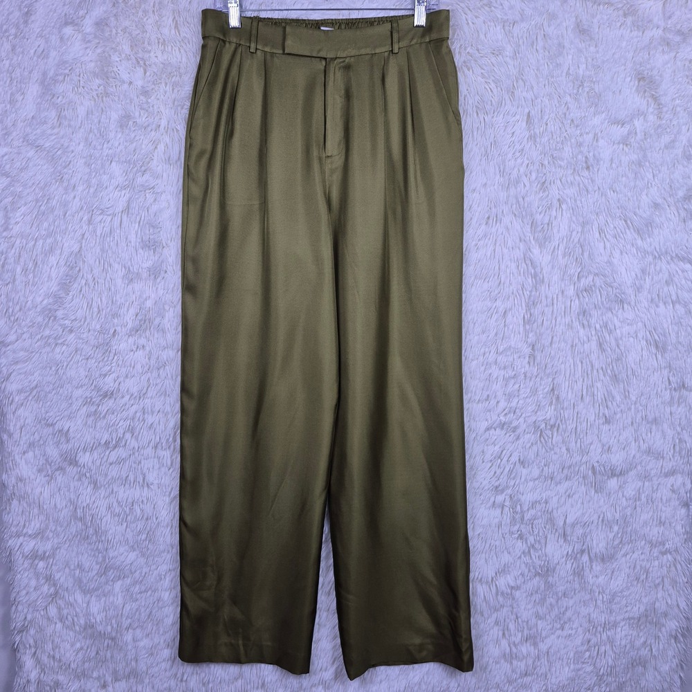 Finney Salinas Olive Green 100% Silk Pleated Wide Leg Trousers Womens M Luxury